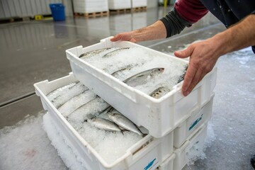 worker stack box of frozen fish. Seafood industry logistics