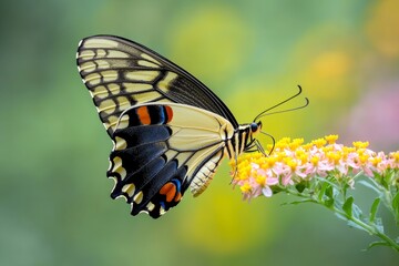 Obraz premium Butterfly resting on vibrant flower blossoms in a sunlit garden setting