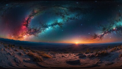 360-degree spherical panorama showing colorful nebulae and sparkling stars