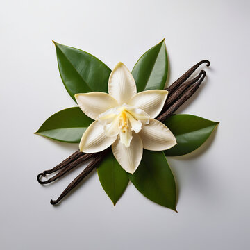 vanilla flower with pods and leaves