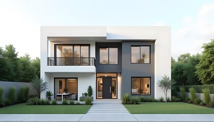 Modern two-story home with minimalist design, featuring a balcony and lush green surroundings