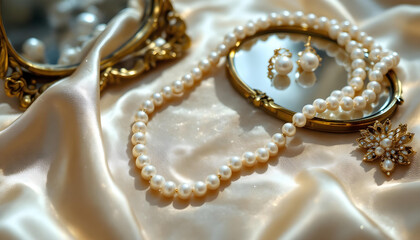 An opulent set of pearl jewelry, including a necklace and earrings, styled on a champagne-colored satin fabric with sparkling highlights