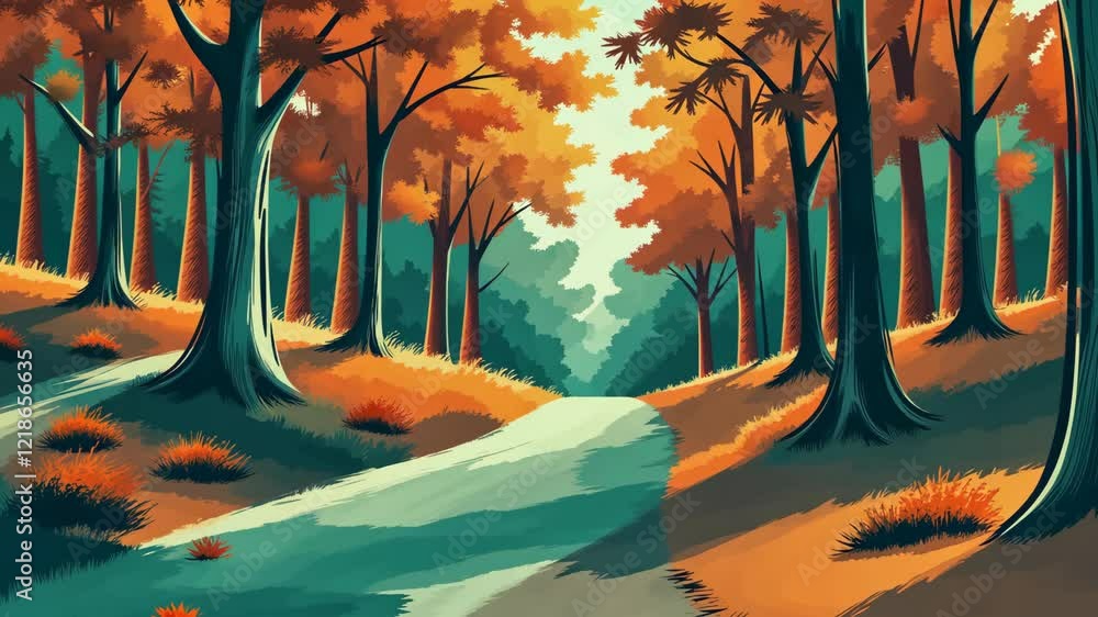 Poster A cartoon forest with a path through it. The path is lined with trees and leaves. The leaves are orange and red