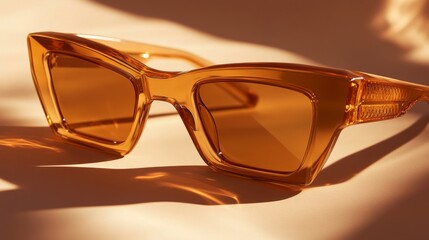 an image highlighting a pair of statement-making, warm-toned sunglasses with an exaggerated, rectangular shape, the accessory's vibrant presence commanding attention against the softly lit, neutral