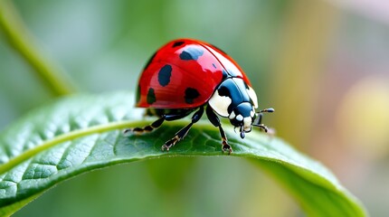 Fototapeta premium A ladybug on a green leaf, a vibrant close-up capturing the insect's intricate details and the lush greenery of its surroundings.
