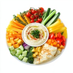 A colorful vegetable platter with hummus and pita bread, isolated white background, pop art style