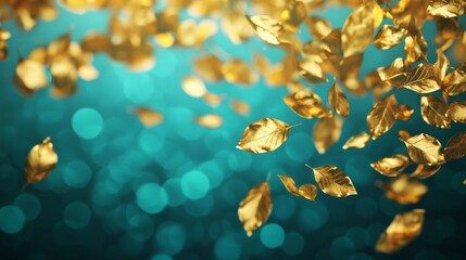Obraz premium Delicate Golden Leaves Spiraling Against a Vibrant Blue Background