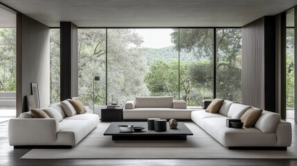 A Serene, Modern Living Room With A Long Sectional Sofa, Minimalist Coffee Table, And Floor-To-Ceiling Windows Overlooking A Lush Landscape.  The Overall Vibe Is Calm And Sophisticated.