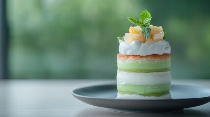 Indulging in a colorful layered dessert with fresh fruit and mint, cozy , culinary delight, bright atmosphere, close-up view