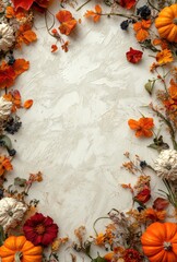 Vibrant Autumn Floral Frame with Pumpkins, Dried Flowers, and Colorful Leaves on a Textured Background Perfect for Seasonal Decoration and Harvest Themes