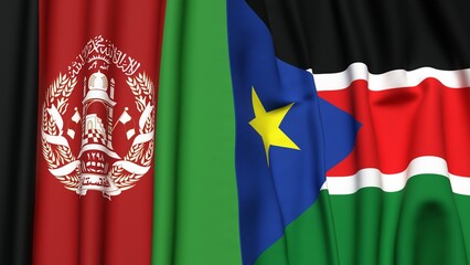 Flags of AFGHANISTAN and SOUTH SUDAN  with realistic cloth texture
