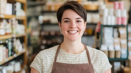 Community-focused business owner engaging customers in a cozy shop urban environment portrait positive energy