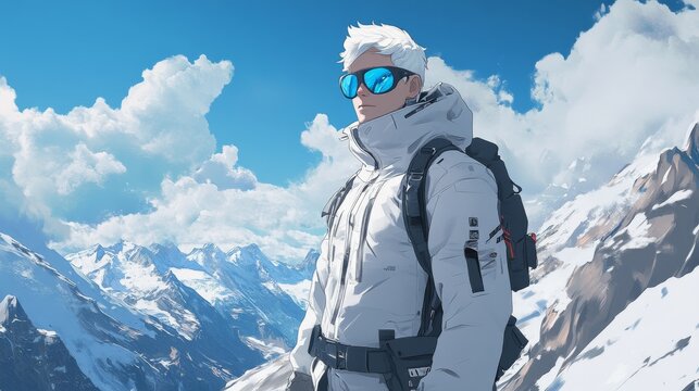 Rugged outdoor adventurer stands amidst a breathtaking, snow-capped mountain landscape, clad in technical winter gear and reflective blue sunglasses, exuding an aura of confidence and readiness for