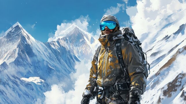 Rugged outdoor adventurer stands amidst a breathtaking, snow-capped mountain landscape, clad in technical winter gear and reflective blue sunglasses, exuding an aura of confidence and readiness for