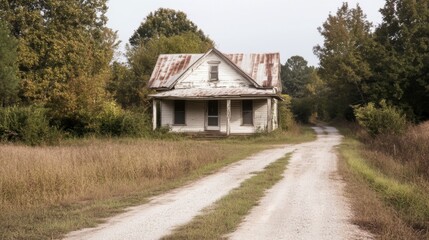 Abandoned farmhouse on a dirt road, overgrown with vegetation.