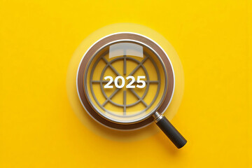 Dartboard icon in a magnifying glass centered on the number 2025 on a yellow background. Represents the goal setting for 2025, concept of a start. financial planning, strategy business, goal setting