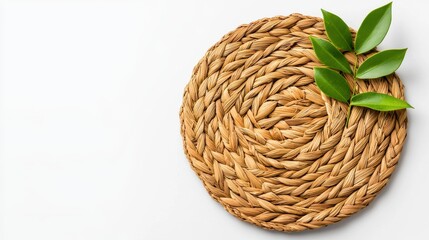 Obraz premium Woven Coasters with Green Leaves on White Background