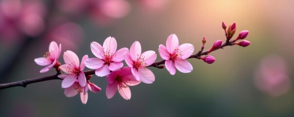 A delicate sprig of pink flowers blooms on a single branch, flowers, dainty