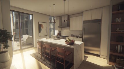 Modern kitchen with island, stainless steel appliances, and patio view.