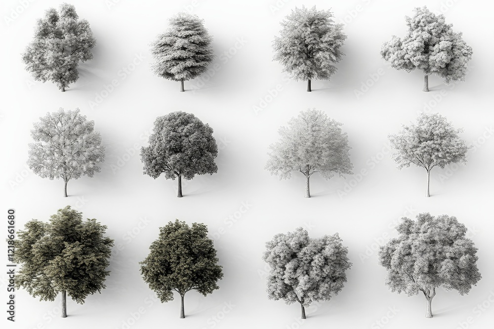 Aufkleber different types of trees displayed in an organized layout showcasing various foliage and colors thro