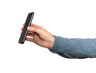 Isolated male hand showing screen of his smart phone.