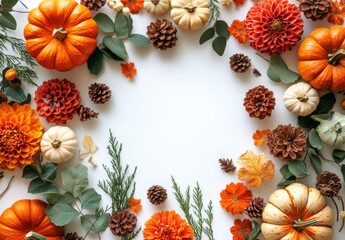 Vibrant Autumn Harvest with Colorful Pumpkins, Pine Cones, and Seasonal Flowers Arranged Beautifully on a White Background for Festive Decoration