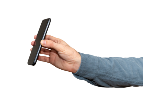 Isolated male hand showing screen of his smart phone.