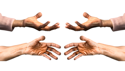 Outstretched elderly female hand reaching with wrinkled fingers. Raising hand, Old and young hands, Hands of an elderly woman isolated on white background
