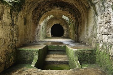 Obraz premium Exploring the ancient underground passage with stone walls and moss-covered steps in a historical site
