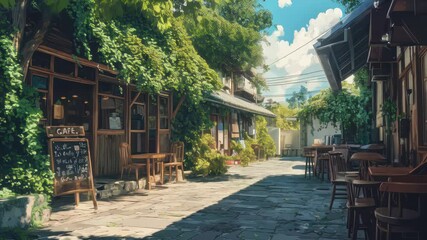 An old Japanese cafe, aesthetic green nature, anime inspired artwork, anime style