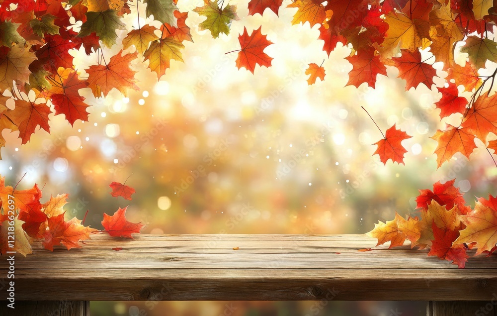 Poster vibrant autumn leaves falling on a rustic wooden table with a dreamy blurred background of fall colo