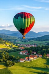 Fototapeta premium Colorful hot air balloon soaring over a picturesque landscape at sunrise, capturing the spirit of adventure and freedom.
