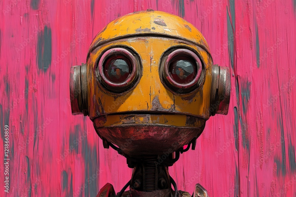 Poster rustic yellow robot against bright pink background evokes a sense of charm and curiosity in an imagi