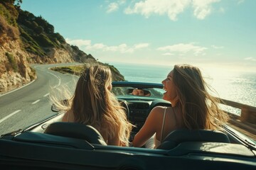 Women enjoying a coastal road trip with ocean views under a bright sky
