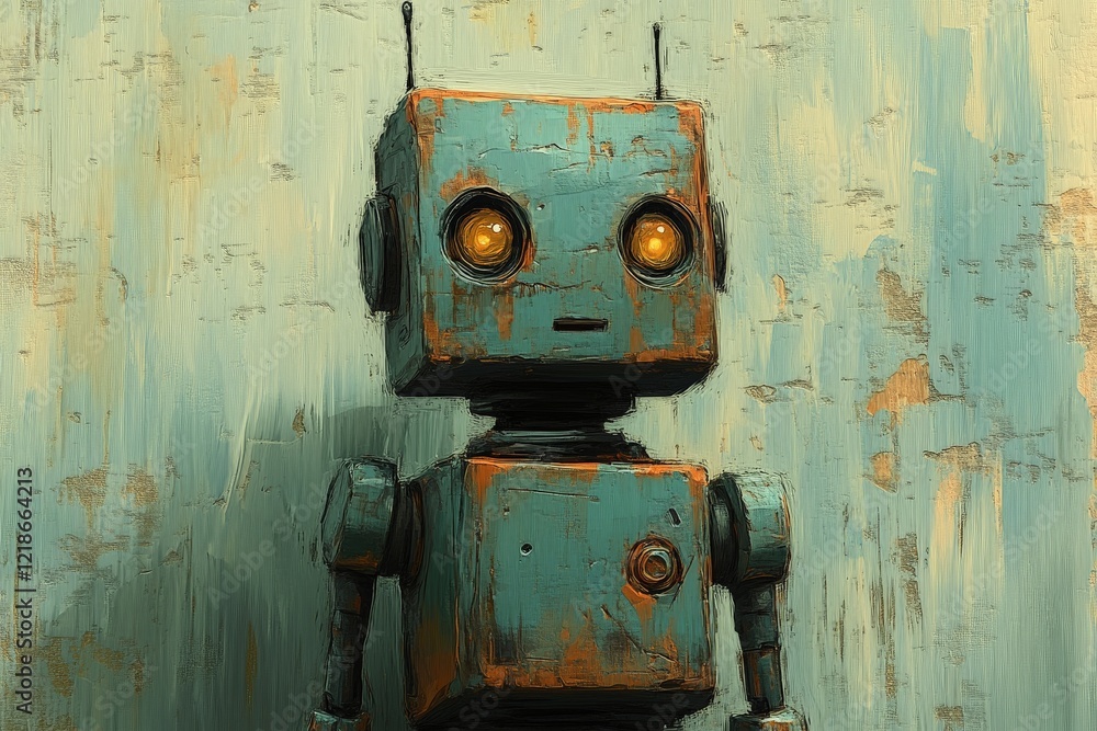 Poster retro robot stands against a textured wall, showcasing charming vintage design and unique features i