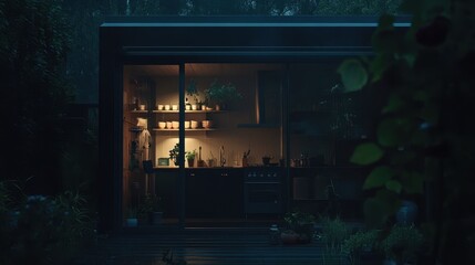 Modern Minimalist Kitchen in a Nighttime Cabin