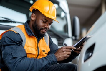Truck driver completing inspection checklist before departure