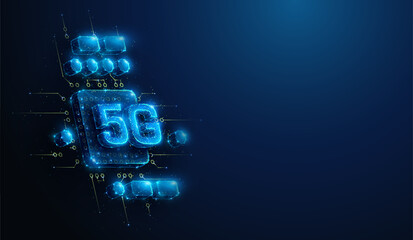 Abstract illustration of low poly 5G wireless mobile network cpu chip. Blue geometric background depicting 5th generation communication hardware technology concept by wireframe mesh