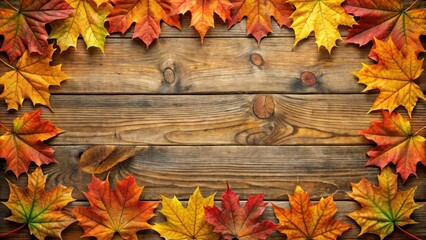 Obraz premium Autumn Sugar Maple Leaves Framing Rustic Wood Background , autumnal colors, wood grain