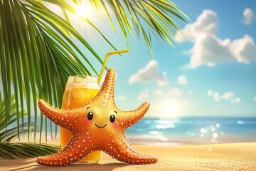 Fototapeta na wymiar Starfish with a cheerful face relaxing by a tropical beach with a refreshing drink