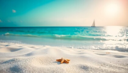 Fototapeta na wymiar Tranquil Beach Scene with Starfish and Sailboat on a Sunny Day in Paradise