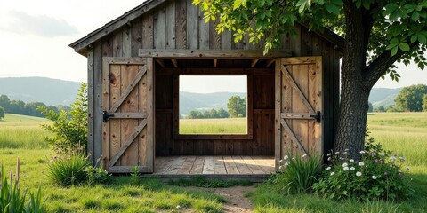 Rustic wooden shelter with open doors revealing a tranquil pastoral view, bathed in the warm glow of sunlight, offering a serene and peaceful escape