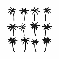 A set of nine black silhouette palm trees against a white background.