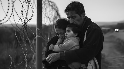 Mexican, latino, family holding baby, illegal immigrant standing against barbed wire on Mexico-US border. Deportation of illegal immigrants from the USA. Refugee camp. black and white photo