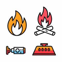 Colorful Flat Icons Representing Fire, Campfire, and Cooking