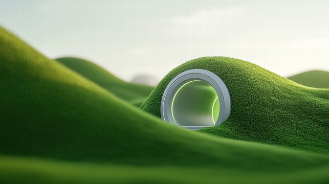 Train Environmental Sustainability A hyperloop train emerging from a tunnel integrated into a hillside, minimizing environmental impact.