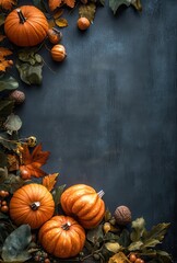 Vibrant Autumn Scene with Pumpkins, Leaves, and Acorns Against a Dark Background, Perfect for Seasonal and Harvest-Themed Designs and Decorative Projects