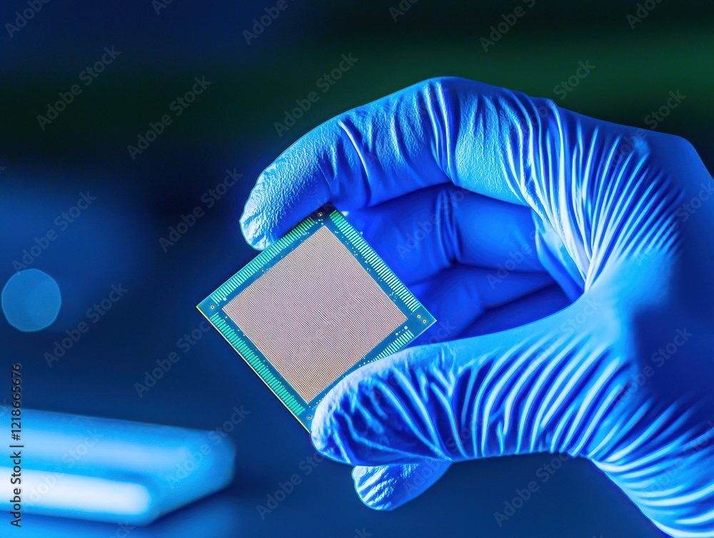 Poster lab technician holding microchip futuristic laboratory macro shot clean environment close-up view te