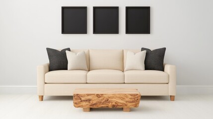 Minimalist Living Room Composition Beige Sofa, Wooden Coffee Table, Black Frames, 3D Render, Interior Design Interior Design, Minimalist Decor