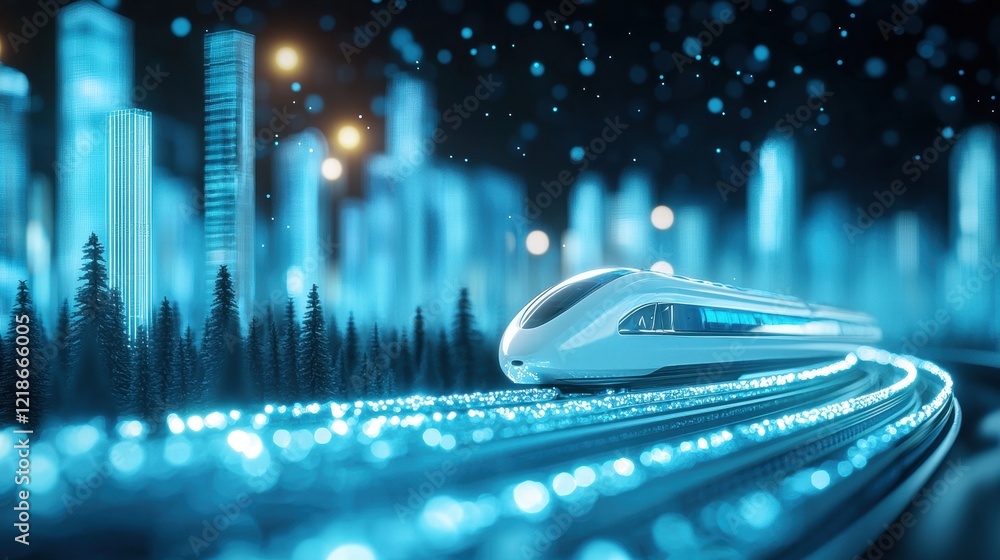 Poster train technology and innovation a 3d model of a hyperloop system integrated into a smart city, showc